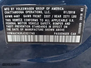 2018 Volkswagen Passat 2.0T S with VIN 1VWAA7A30JC021740, listed as a IAAI auction lot 41887035 with 65,227 mi miles. Bid and sale history available at carsss.com. Image 9.