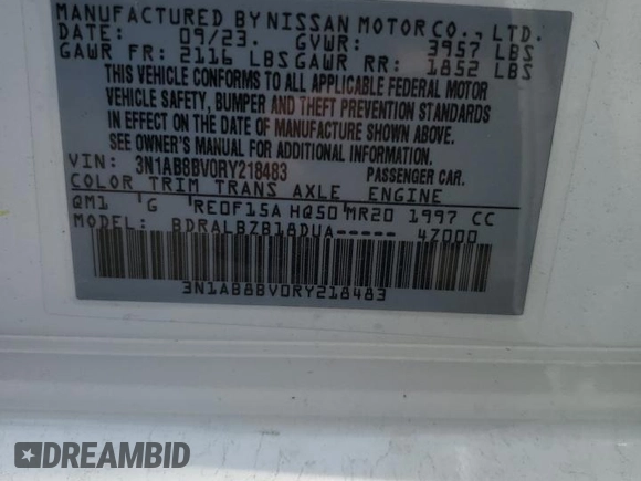 2024 Nissan Sentra S with VIN 3N1AB8BV0RY218483, listed as a Copart auction lot 54877765 with 44,261 mi miles and Non repairable. Bid and sale history available at DreamBid. Image 12.