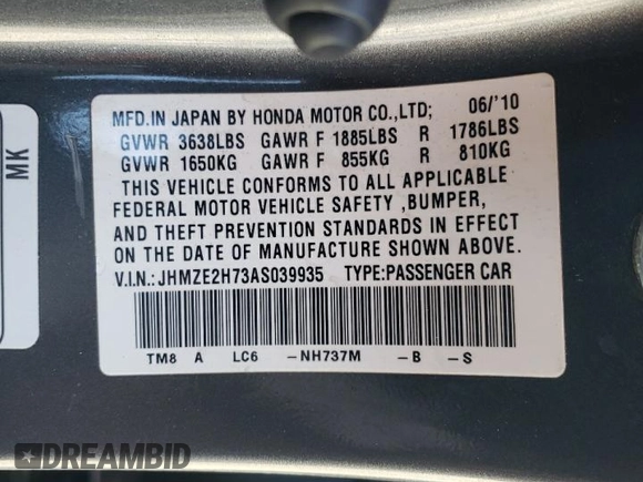 2010 Honda Insight EX with VIN JHMZE2H73AS039935, listed as a Copart auction lot 46192575 with 127,329 mi miles and Salvage Title. Bid and sale history available at DreamBid. Image 12.