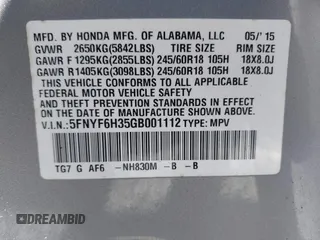 2016 Honda Pilot EX with VIN 5FNYF6H35GB001112, listed as a IAAI auction lot 42040410 with 206,424 mi miles. Bid and sale history available at carsss.com. Image 9.