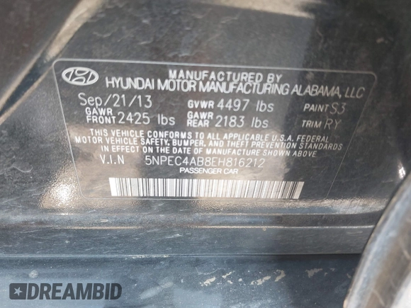 2014 Hyundai Sonata Limited with VIN 5NPEC4AB8EH816212, listed as a IAAI auction lot 41778398 with 203,974 mi miles and . Bid and sale history available at DreamBid. Image 9.