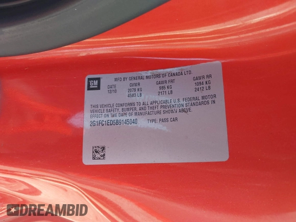 2011 Chevrolet Camaro 2LT with VIN 2G1FC1ED5B9145040, listed as a IAAI auction lot 42245061 with 171,867 mi miles and . Bid and sale history available at DreamBid. Image 9.