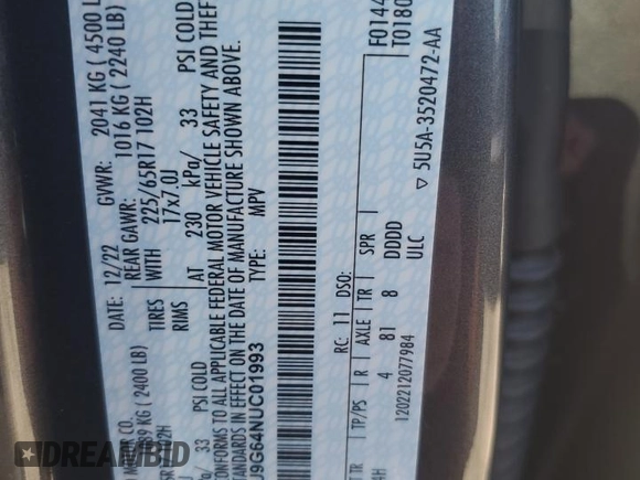 2022 Ford Escape SE with VIN 1FMCU9G64NUC01993, listed as a Copart auction lot 51331005 with 18,588 mi miles and Salvage title. Bid and sale history available at DreamBid. Image 13.