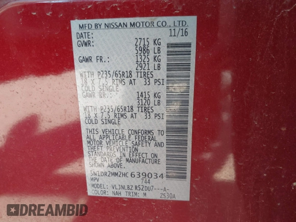2017 Nissan Pathfinder SL with VIN 5N1DR2MM2HC639034, listed as a IAAI auction lot 42099685 with 90,935 mi miles. Bid and sale history available at carsss.com. Image 9.