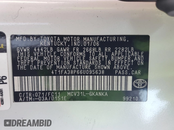 2006 Toyota Solara SE with VIN 4T1FA38P66U095638, listed as a Copart auction lot 60664285 with 154,552 mi miles and Salvage title. Bid and sale history available at DreamBid. Image 13.