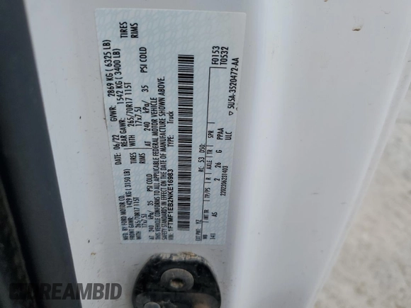 2022 Ford F-150 XL with VIN 1FTMF1EB2NKE16983, listed as a Copart auction lot 60933255 with Not provided miles and Salvage title. Bid and sale history available at DreamBid. Image 12.