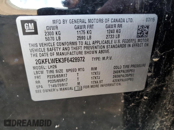 2015 GMC Terrain SLE with VIN 2GKFLWEK3F6428972, listed as a Copart auction lot 51224435 with 33,539 mi miles and Clean Title. Bid and sale history available at DreamBid. Image 13.