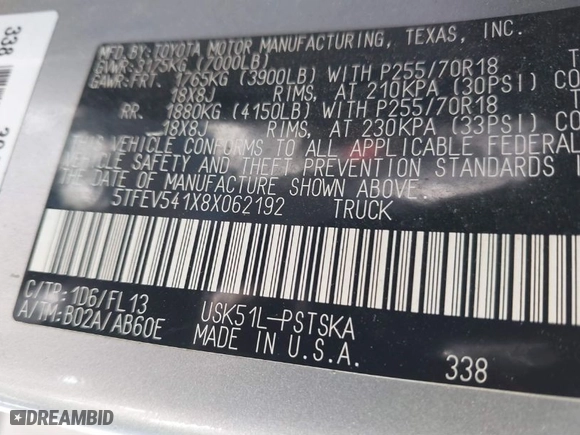 2008 Toyota Tundra 2WD Truck with VIN 5TFEV541X8X062192, listed as a IAAI auction lot 41296537 with 222,337 mi miles. Bid and sale history available at carsss.com. Image 9.