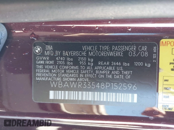 2008 BMW 3 Series 328i with VIN WBAWR33548P152596, listed as a IAAI auction lot 42033747 with 216,772 mi miles and . Bid and sale history available at carsss.com. Image 9.