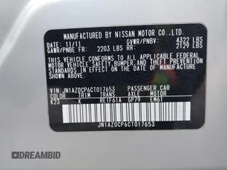 2012 Nissan LEAF SL with VIN JN1AZ0CP6CT017653, listed as a IAAI auction lot 40872149 with 68,474 mi miles. Bid and sale history available at carsss.com. Image 9.