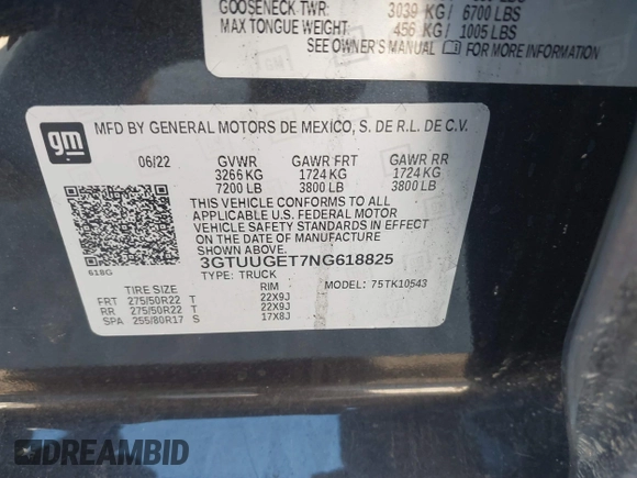 2022 GMC Sierra 1500 with VIN 3GTUUGET7NG618825, listed as a IAAI auction lot 41342828 with Not Provided miles and . Bid and sale history available at DreamBid. Image 9.