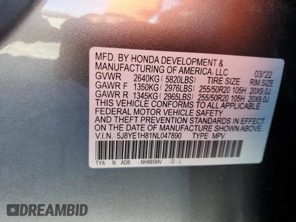 2022 Acura MDX w/Advance Package with VIN 5J8YE1H81NL047890, listed as a Copart auction lot 46604415 with 52,117 mi miles and Salvage Title. Bid and sale history available at carsss.com. Image 15.