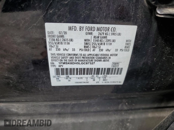 2020 Ford Explorer XLT z VIN 1FMSK8DH5LGC87327, wystawiony jako Copart lot #56248725 z przebiegiem 124 778 mil mil oraz Szkoda całkowita • Salvage title. Historia ofert i sprzedaży dostępna na DreamBid. Obrazek 14.