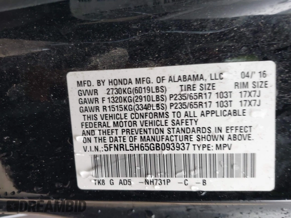 2016 Honda Odyssey EX-L with VIN 5FNRL5H65GB093937, listed as a IAAI auction lot 41691669 with 264,960 mi miles and . Bid and sale history available at DreamBid. Image 9.