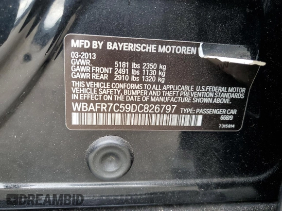 2013 BMW 5 Series 535i with VIN WBAFR7C59DC826797, listed as a Copart auction lot 72140164 with 236,901 mi miles and Salvage title. Bid and sale history available at DreamBid. Image 12.