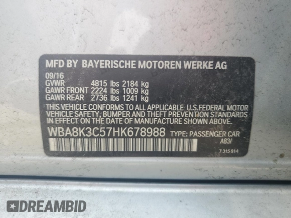2017 BMW 3 Series 330i xDrive with VIN WBA8K3C57HK678988, listed as a Copart auction lot 65394344 with 67,918 mi miles and Salvage Title. Bid and sale history available at carsss.com. Image 13.
