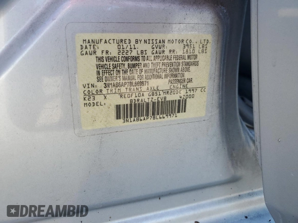 2011 Nissan Sentra SR with VIN 3N1AB6AP7BL669971, listed as a Copart auction lot 61671925 with 108,538 mi miles and Salvage title. Bid and sale history available at DreamBid. Image 12.