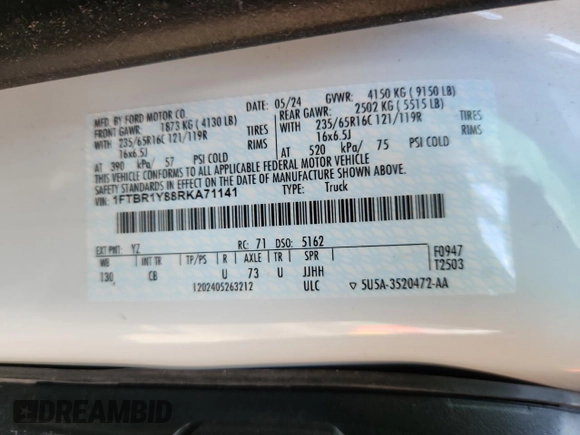 2024 Ford Transit Cargo with VIN 1FTBR1Y88RKA71141, listed as a Copart auction lot 63824945 with Not provided miles and Salvage title. Bid and sale history available at DreamBid. Image 13.