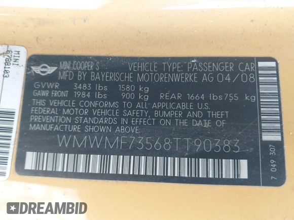2008 MINI Hardtop S with VIN WMWMF73568TT90383, listed as a IAAI auction lot 42211410 with 98,055 mi miles and . Bid and sale history available at DreamBid. Image 9.