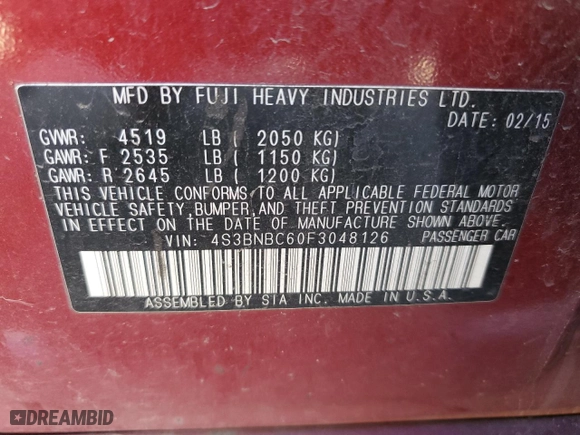 2015 Subaru Legacy 2.5i Premium with VIN 4S3BNBC60F3048126, listed as a Copart auction lot 53998925 with 169,586 mi miles and Clean Title. Bid and sale history available at carsss.com. Image 12.