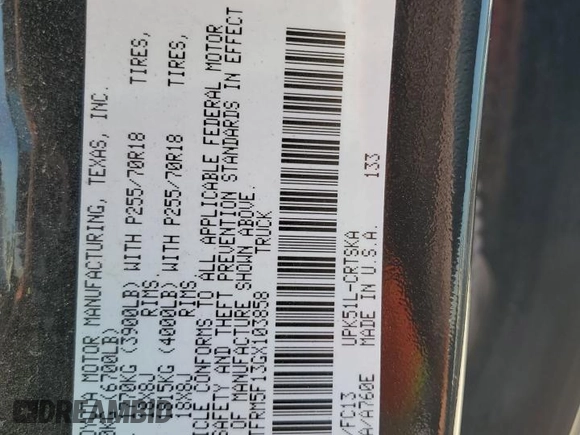 2016 Toyota Tundra SR with VIN 5TFRM5F13GX103858, listed as a Copart auction lot 52448315 with 126,418 mi miles and Salvage title. Bid and sale history available at DreamBid. Image 12.