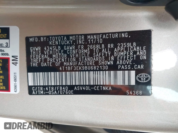 2011 Toyota Camry LE with VIN 4T1BF3EK9BU682130, listed as a IAAI auction lot 41788007 with 188,175 mi miles. Bid and sale history available at carsss.com. Image 9.