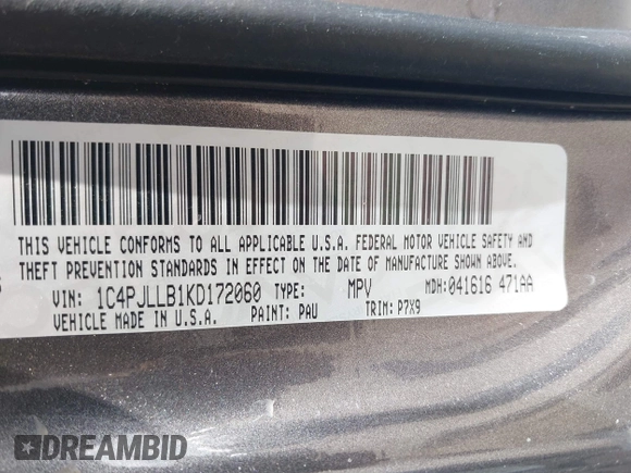 2019 Jeep Cherokee Latitude Plus with VIN 1C4PJLLB1KD172060, listed as a IAAI auction lot 42446369 with 91,222 mi miles and . Bid and sale history available at DreamBid. Image 9.