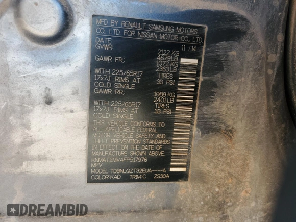 2015 Nissan Rogue S with VIN KNMAT2MV4FP517976, listed as a Copart auction lot 47590315 with 167,419 mi miles and Salvage Title. Bid and sale history available at DreamBid. Image 13.