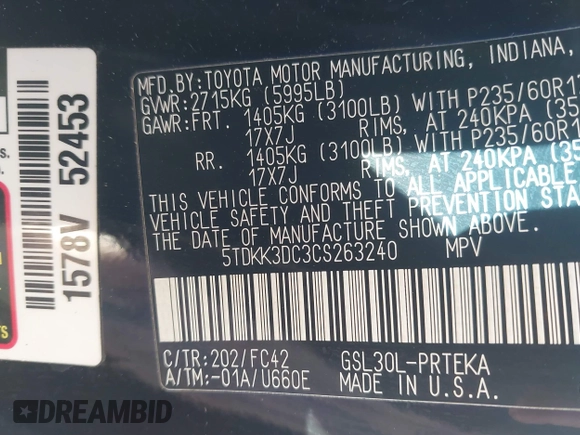 2012 Toyota Sienna LE AAS with VIN 5TDKK3DC3CS263240, listed as a IAAI auction lot 41810686 with 232,026 mi miles. Bid and sale history available at carsss.com. Image 9.