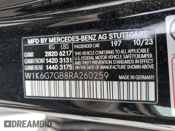 2024 Mercedes-Benz S 580 с VIN W1K6G7GB8RA260259, выставлен на аукционе Copart как лот 50314455 с пробегом Не указан миль и На запчасти • Non repairable. История ставок и продаж доступна на DreamBid. Изображение 14.