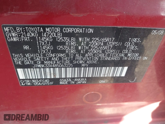 2008 Toyota RAV4 with VIN JTMBK33V485063225, listed as a IAAI auction lot 41864497 with 1 mi miles. Bid and sale history available at carsss.com. Image 9.