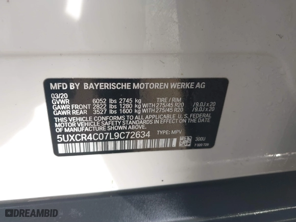 2020 BMW X5 sDrive40i with VIN 5UXCR4C07L9C72634, listed as a IAAI auction lot 41729802 with 1 mi miles. Bid and sale history available at carsss.com. Image 9.