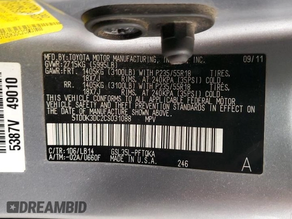 2012 Toyota Sienna XLE with VIN 5TDDK3DC2CS031088, listed as a Copart auction lot 60642845 with 186,586 mi miles and Salvage title. Bid and sale history available at DreamBid. Image 13.