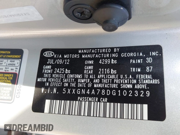 2013 Kia Optima EX with VIN 5XXGN4A78DG102329, listed as a IAAI auction lot 41776758 with 109,724 mi miles and . Bid and sale history available at DreamBid. Image 9.