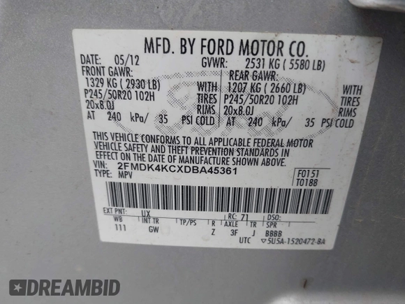 2013 Ford Edge Limited with VIN 2FMDK4KCXDBA45361, listed as a IAAI auction lot 41949856 with 202,586 mi miles. Bid and sale history available at carsss.com. Image 9.
