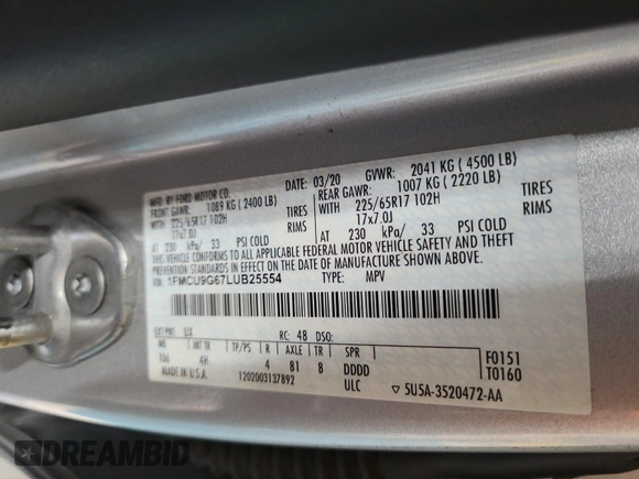 2020 Ford Escape SE with VIN 1FMCU9G67LUB25554, listed as a IAAI auction lot 42666455 with 63,588 mi miles and . Bid and sale history available at DreamBid. Image 1.