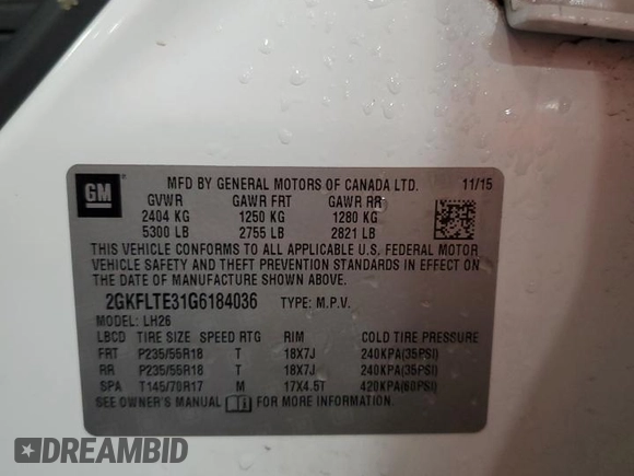 2016 GMC Terrain SLE with VIN 2GKFLTE31G6184036, listed as a Copart auction lot 52417195 with 124,704 mi miles and Salvage Title. Bid and sale history available at DreamBid. Image 15.