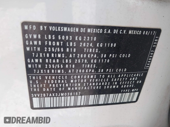 2018 Volkswagen Tiguan SEL с VIN 3VV2B7AX3JM036157, выставлен на аукционе IAAI как лот 42506274 с пробегом 102 947 миль миль и . История ставок и продаж доступна на DreamBid. Изображение 9.