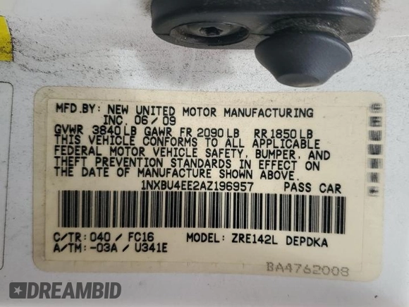2010 Toyota Corolla with VIN 1NXBU4EE2AZ196957, listed as a Copart auction lot 59289035 with 183,299 mi miles and Salvage title. Bid and sale history available at DreamBid. Image 13.