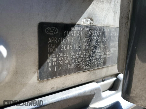 2003 Hyundai Santa Fe GLS with VIN KM8SC73DX3U518567, listed as a Copart auction lot 44335265 with 161,003 mi miles and Salvage Title. Bid and sale history available at carsss.com. Image 12.