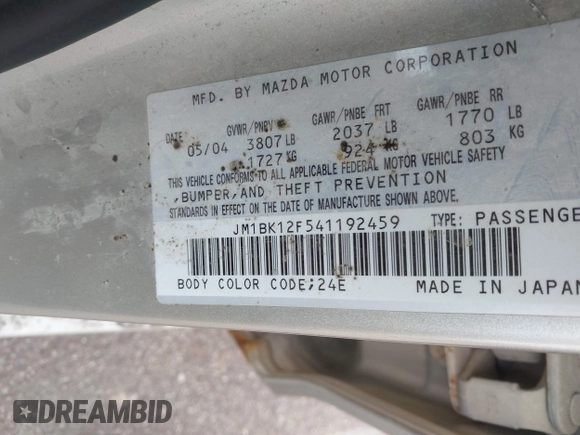 2004 Mazda 3 i with VIN JM1BK12F541192459, listed as a IAAI auction lot 41206660 with Not Provided miles and . Bid and sale history available at DreamBid. Image 9.