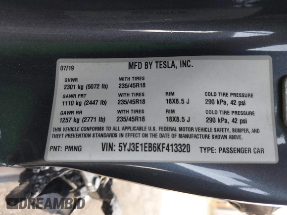 2019 Tesla Model 3 Long Range with VIN 5YJ3E1EB6KF413320, listed as a IAAI auction lot 41760428 with 90,441 mi miles and . Bid and sale history available at DreamBid. Image 9.