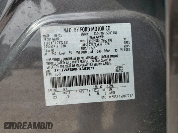 2023 Ford Maverick XL with VIN 3FTTW8E98PRA53671, listed as a Copart auction lot 54009765 with 54,049 mi miles and Salvage Title. Bid and sale history available at DreamBid. Image 12.