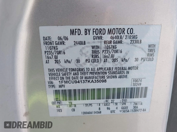 2007 Ford Escape Limited with VIN 1FMCU94137KA35098, listed as a IAAI auction lot 42716287 with 147,252 mi miles and . Bid and sale history available at DreamBid. Image 9.