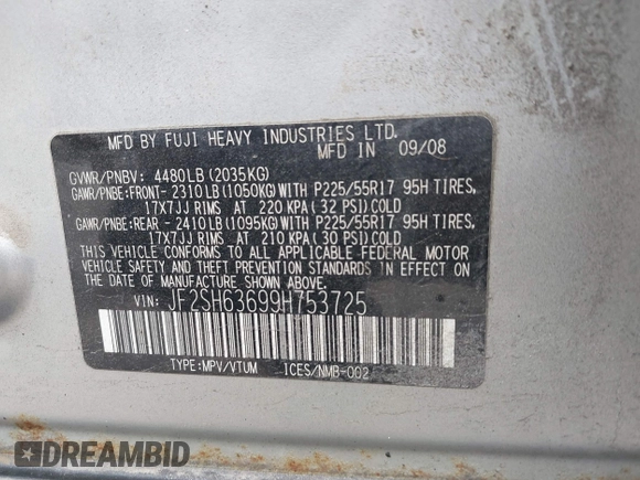 2009 Subaru Forester X с VIN JF2SH63699H753725, выставлен на аукционе IAAI как лот 40713315 с пробегом 255 082 миль миль и . История ставок и продаж доступна на DreamBid. Изображение 9.