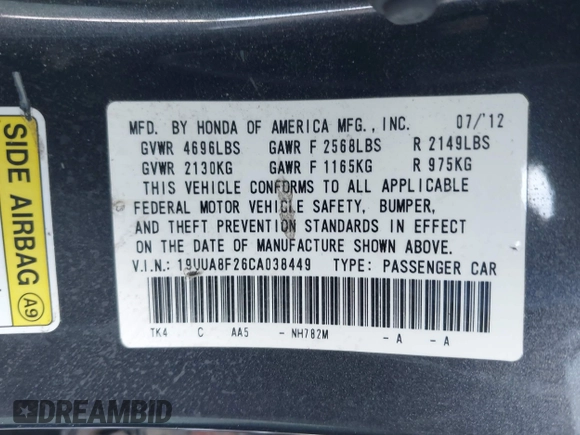 2012 Acura TL Auto z VIN 19UUA8F26CA038449, wystawiony jako IAAI lot #41371830 z przebiegiem 166 355 mil mil oraz . Historia ofert i sprzedaży dostępna na DreamBid. Obrazek 9.