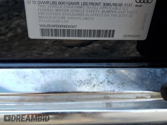 2014 Audi A8 4.0T with VIN WAUR2AFD0EN004347, listed as a Copart auction lot 56222025 with 108,517 mi miles and Salvage title. Bid and sale history available at DreamBid. Image 12.