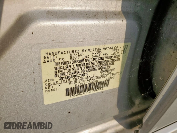 2012 Nissan Sentra S with VIN 3N1AB6AP0CL706912, listed as a Copart auction lot 59206165 with 145,906 mi miles and Salvage title. Bid and sale history available at DreamBid. Image 12.