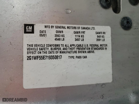 2001 Chevrolet Impala with VIN 2G1WF55E719350817, listed as a Copart auction lot 43957165 with 191,323 mi miles and Salvage Title. Bid and sale history available at carsss.com. Image 13.