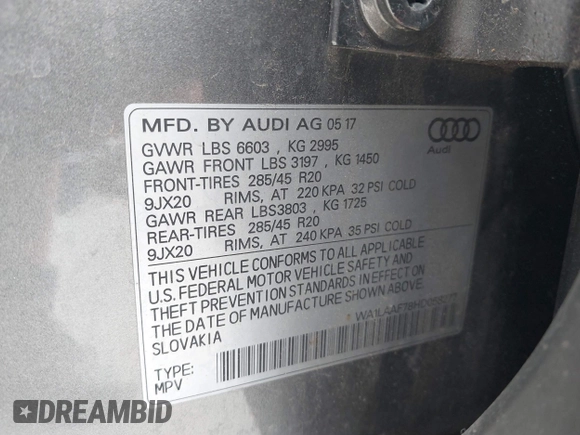 2017 Audi Q7 Premium Plus with VIN WA1LAAF78HD058277, listed as a IAAI auction lot 42145596 with 83,088 mi miles and . Bid and sale history available at DreamBid. Image 9.